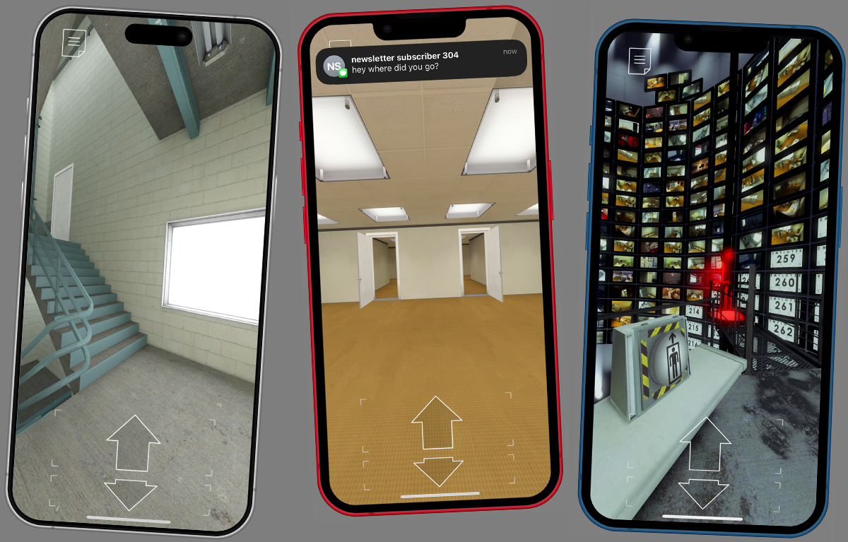 Many phones, all showing portrait gameplay from The Stanley Parable: Ultra Deluxe!