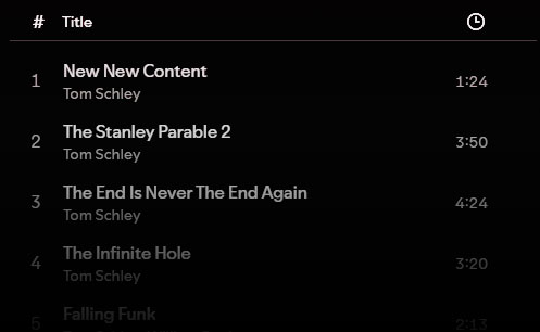 A list of tracks from the soundtrack, including New New Content and The Infinite Hole.